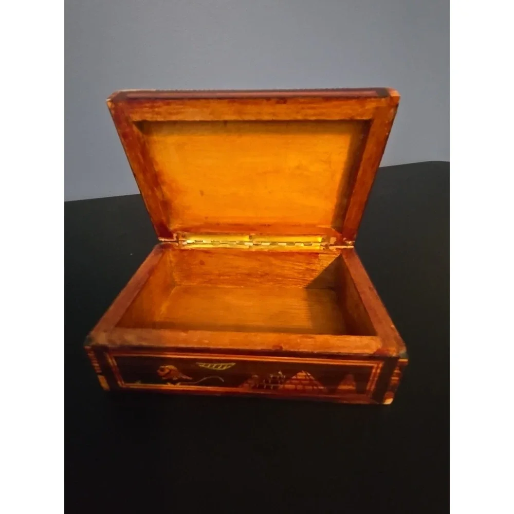 Vintage Hinged Wood‎ Box Mother Of Pearl Carved Egyptian theme 2